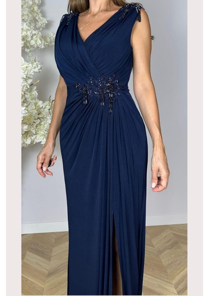 G1542 Dantel Detay Boncuk Işlemeli Abiye Elbise Lacivert fiyatları