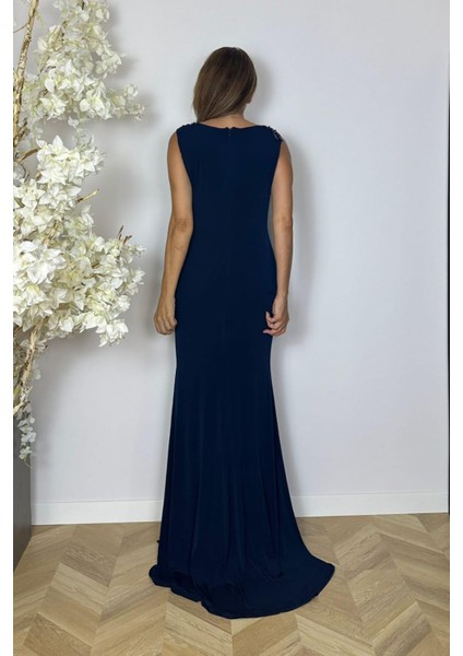 G1542 Dantel Detay Boncuk Işlemeli Abiye Elbise Lacivert modelleri