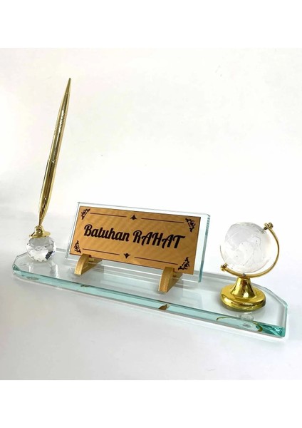 Kristal Masa Üstü Cam Isimlik Kalem ve Dünya Aksesuarlı Şeffaf Hediye Seti