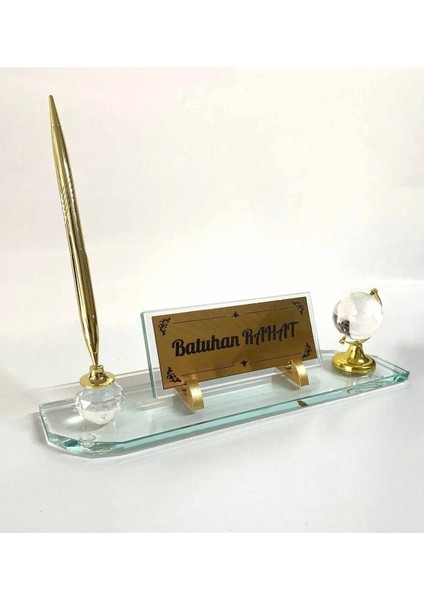 Kristal Masa Üstü Cam Isimlik Kalem ve Dünya Aksesuarlı Şeffaf Hediye Seti fiyatları