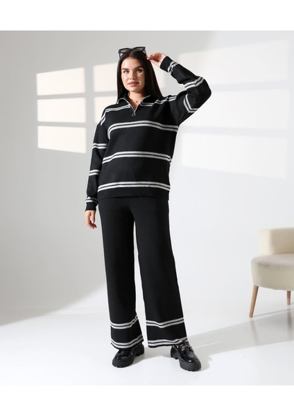 Yaka Fermuarlı Şeritli Basic Triko Takım