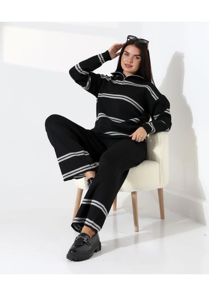 Yaka Fermuarlı Şeritli Basic Triko Takım fırsatları