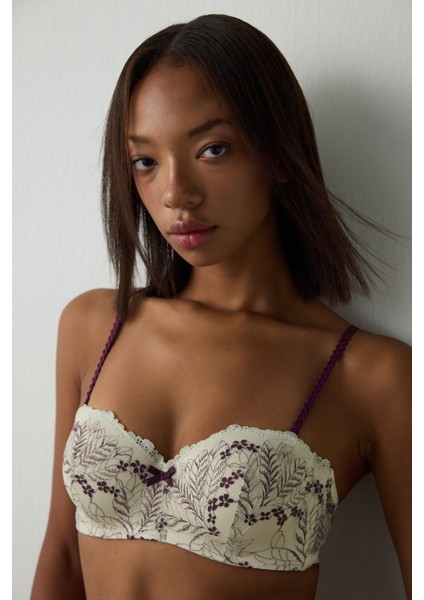 Bej Lotus Dantelli Balenli Dolgusuz Straplez Toparlayıcı Sütyen