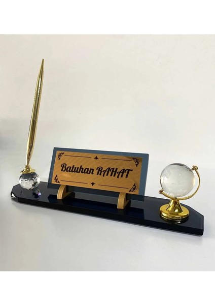 Masa Üstü Cam Isimlik Kalem ve Dünya Aksesuarlı Füme Hediye Seti