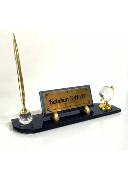 Masa Üstü Cam Isimlik Kalem ve Dünya Aksesuarlı Füme Hediye Seti fiyatları