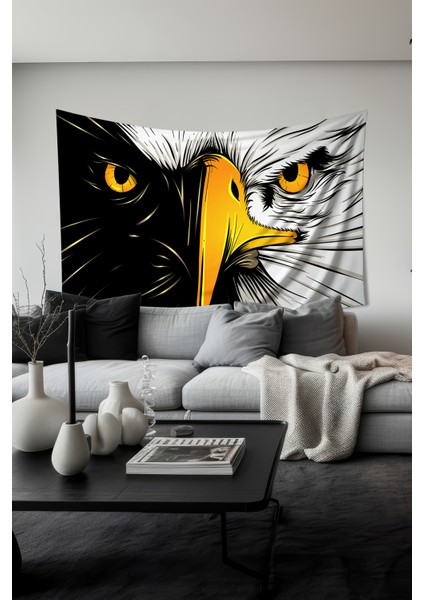 Siyah Beyaz Kartal Desenli Duvar Halısı Duvar Örtüsü Tapestry Süet Dokulu Kumaş