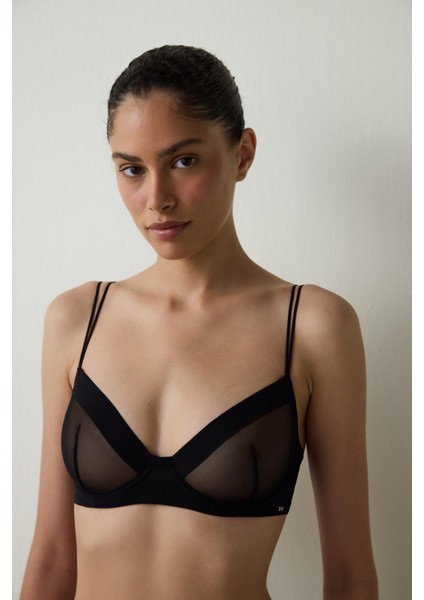 Siyah Essentials Balenli Tül Sütyen