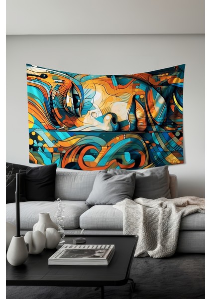 Renkli Soyut Yüzler Desenli Duvar Halısı Duvar Örtüsü Tapestry Süet Dokulu Kumaş