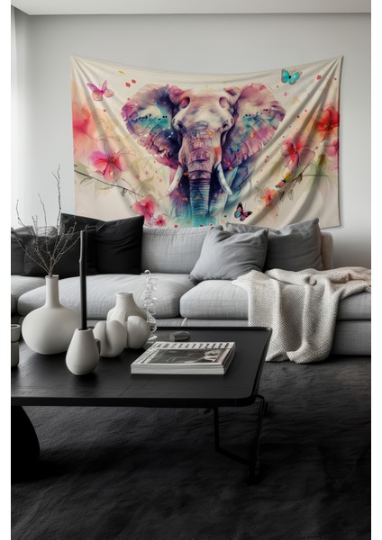 Renkli Fil ve Çiçekler Desenli Duvar Halısı Duvar Örtüsü Tapestry Süet Dokulu Kumaş