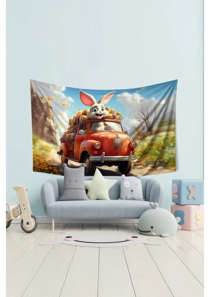 Neşeli Tavşan Desenli Duvar Halısı Duvar Örtüsü Çocuk Odası Tapestry Süet Dokulu Kumaş