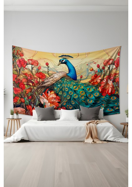 Tavus Kuşu Desenli Duvar Halısı Duvar Örtüsü Tapestry Süet Dokulu Kumaş