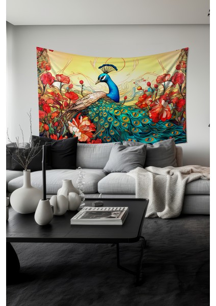 Tavus Kuşu Desenli Duvar Halısı Duvar Örtüsü Tapestry Süet Dokulu Kumaş fiyatları