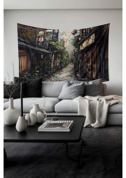 Kore Sokakları Desenli Duvar Halısı Duvar Örtüsü Tapestry Süet Dokulu Kumaş