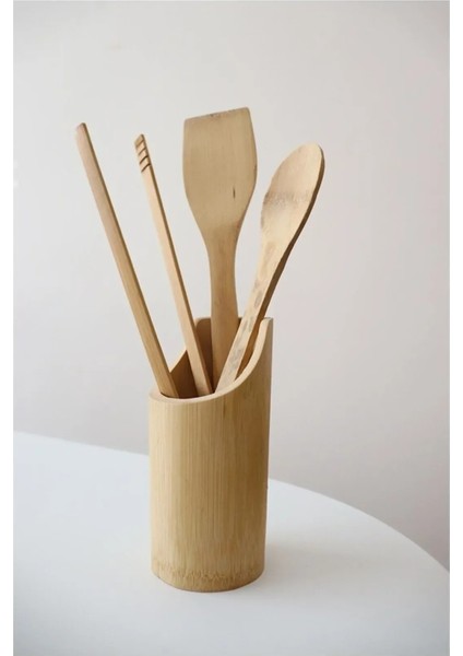 Standlı Bambu Kaşık Seti 4 Parça - Maşa - Kaşık - Spatula