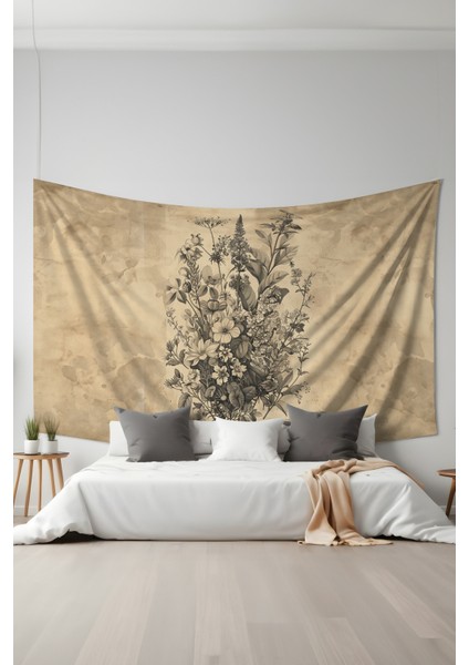 Vintage Çiçek Demeti Desenli Duvar Halısı Duvar Örtüsü Tapestry Süet Dokulu Kumaş