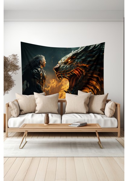 Ejderha ve Savaşçı Desenli Duvar Halısı Duvar Örtüsü Tapestry Süet Dokulu Kumaş