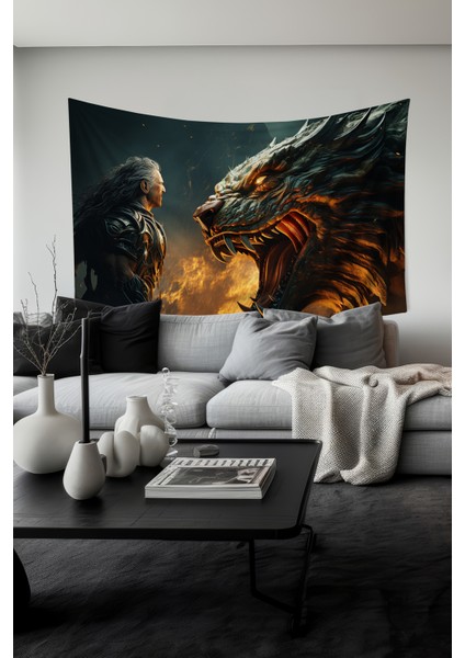 Ejderha ve Savaşçı Desenli Duvar Halısı Duvar Örtüsü Tapestry Süet Dokulu Kumaş fiyatları