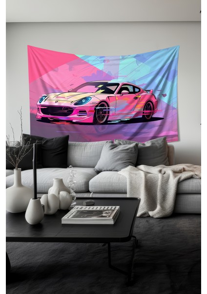 Pembe Spor Araba Desenli Duvar Halısı Duvar Örtüsü Tapestry Süet Dokulu Kumaş