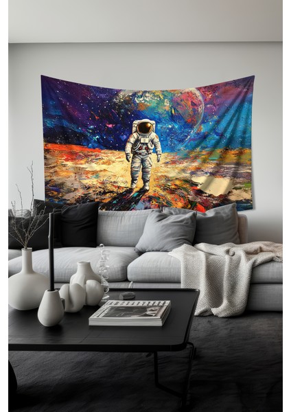 Kozmik Astronot Desenli Duvar Halısı Duvar Örtüsü Tapestry Süet Dokulu Kumaş