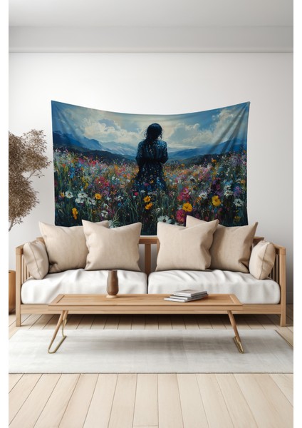 Çiçek Tarlasındaki Yalnızlık Desenli Duvar Halısı Duvar Örtüsü Tapestry Süet Dokulu Kumaş