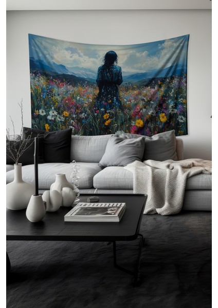 Çiçek Tarlasındaki Yalnızlık Desenli Duvar Halısı Duvar Örtüsü Tapestry Süet Dokulu Kumaş fiyatları