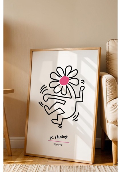 Keith Haring Flower Çerçeveli Tablo - Dans Eden Çiçek - Eklektik Tarz Duvar Dekoru