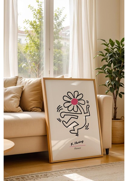 Keith Haring Flower Çerçeveli Tablo - Dans Eden Çiçek - Eklektik Tarz Duvar Dekoru fiyatları