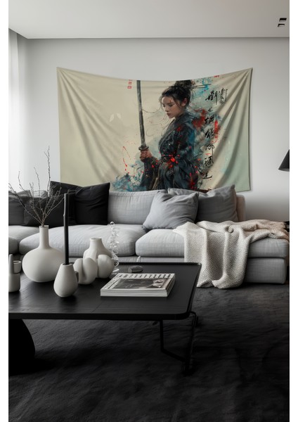 Samuray Kadın Desenli Duvar Halısı Duvar Örtüsü Tapestry Süet Dokulu Kumaş