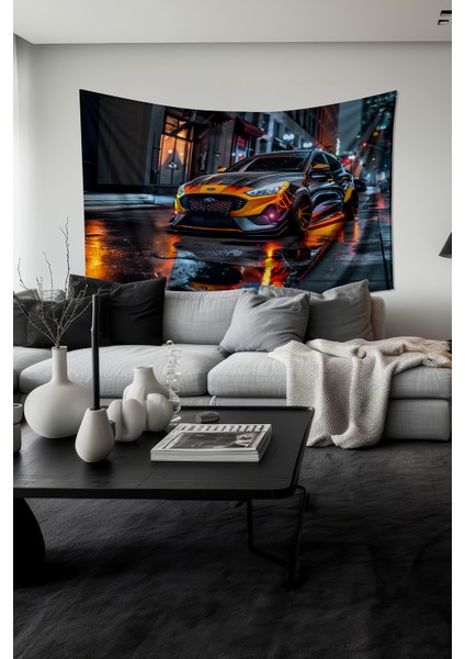 Gece Yansıması Araba Desenli Duvar Halısı Duvar Örtüsü Tapestry Süet Dokulu Kumaş