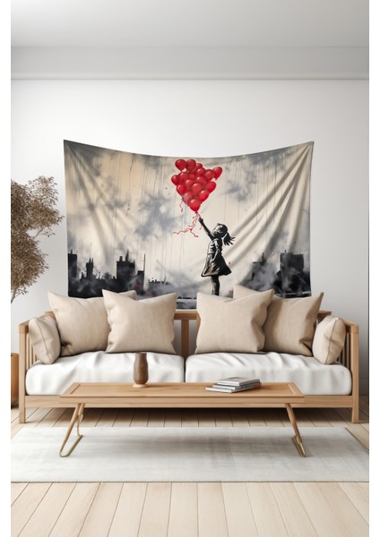 Kırmızı Balonlu Kız Desenli Duvar Halısı Duvar Örtüsü Tapestry Süet Dokulu Kumaş