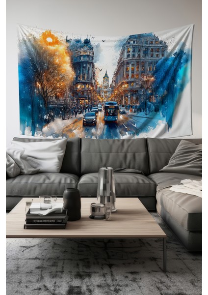 Kış Şehir Manzarası Desenli Duvar Halısı Duvar Örtüsü Tapestry Süet Dokulu Kumaş fiyatları