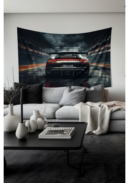 Yarış Pisti Araba Desenli Duvar Halısı Duvar Örtüsü Tapestry Süet Dokulu Kumaş