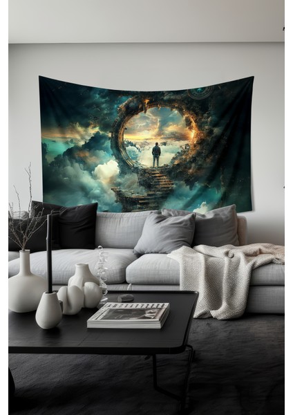 Gökyüzüne Açılan Kapı Desenli Duvar Halısı Duvar Örtüsü Tapestry Süet Dokulu Kumaş