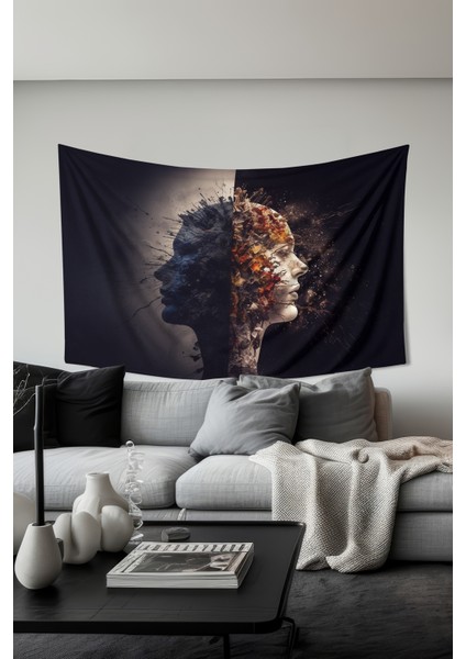 Yin Yang Yüzler Desenli Duvar Halısı Duvar Örtüsü Tapestry Süet Dokulu Kumaş