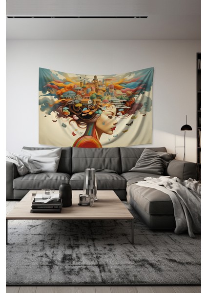 Renkli Kadın Silüet Desenli Duvar Halısı Duvar Örtüsü Tapestry Süet Dokulu Kumaş