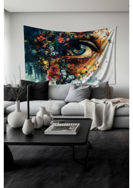 Çiçekli Göz Desenli Duvar Halısı Duvar Örtüsü Tapestry Süet Dokulu Kumaş