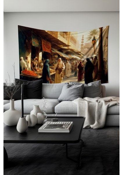 Osmanlı Pazarı Desenli Duvar Halısı Duvar Örtüsü Tapestry Süet Dokulu Kumaş