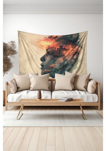 Şehir ve Insan Desenli Duvar Halısı Duvar Örtüsü Tapestry Süet Dokulu Kumaş