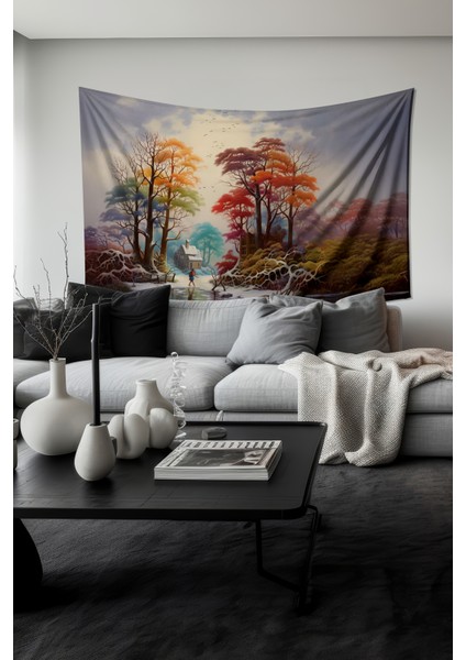 Kış Sonu Desenli Duvar Halısı Duvar Örtüsü Tapestry Süet Dokulu Kumaş