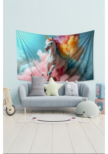 Renkli Unicorn Desenli Duvar Halısı Duvar Örtüsü Çocuk Odası Tapestry Süet Dokulu Kumaş