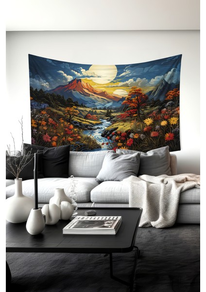 Pastel Dağ Manzarası Desenli Duvar Halısı Duvar Örtüsü Tapestry Süet Dokulu Kumaş
