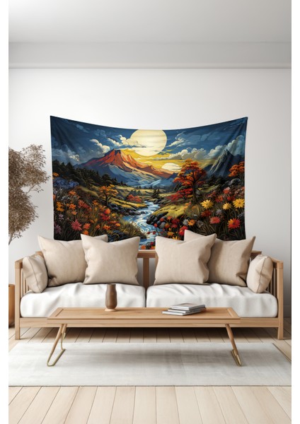 Pastel Dağ Manzarası Desenli Duvar Halısı Duvar Örtüsü Tapestry Süet Dokulu Kumaş fiyatları
