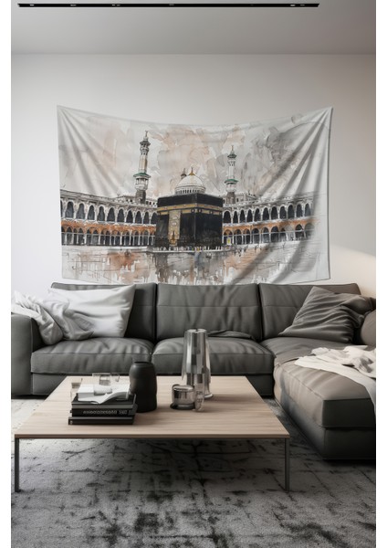 Kutsal Topraklar Kabe Desenli Duvar Halısı Duvar Örtüsü Tapestry Süet Dokulu Kumaş