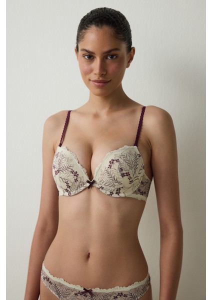 Bej Wow Çiçekli Dantelli Push Up Sütyen fırsatları