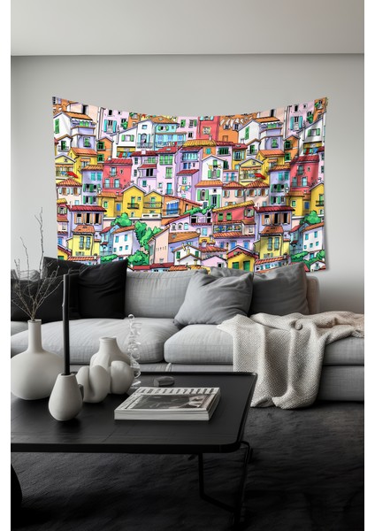 Renkli Evler Desenli Duvar Halısı Duvar Örtüsü Tapestry Süet Dokulu Kumaş