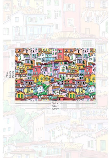 Renkli Evler Desenli Duvar Halısı Duvar Örtüsü Tapestry Süet Dokulu Kumaş fiyatları