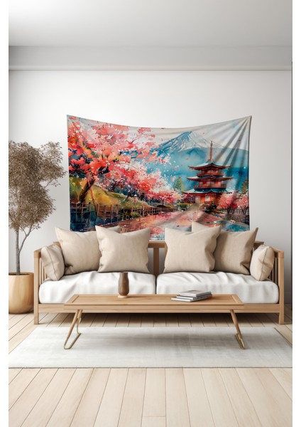 Sakura ve Pagoda Desenli Duvar Halısı Duvar Örtüsü Tapestry Süet Dokulu Kumaş