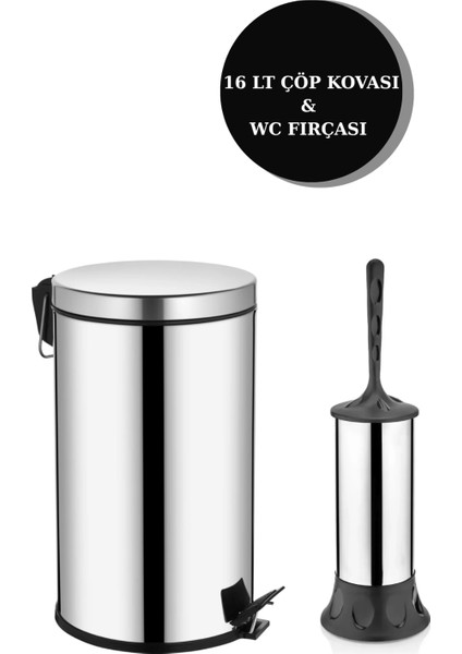 2'li Banyo Seti Paslanmaz Pedallı Metal 16 Lt Çöp Kovası Wc Klozet Tuvalet Fırça Seti Banyo Çöp Kova