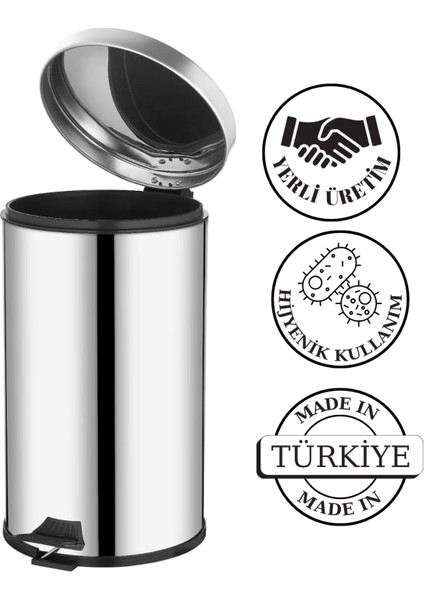 2'li Banyo Seti Paslanmaz Pedallı Metal 16 Lt Çöp Kovası Wc Klozet Tuvalet Fırça Seti Banyo Çöp Kova