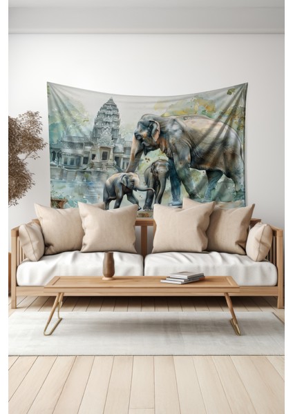 Fil Ailesi ve Tapınak Desenli Duvar Halısı Duvar Örtüsü Tapestry Süet Dokulu Kumaş